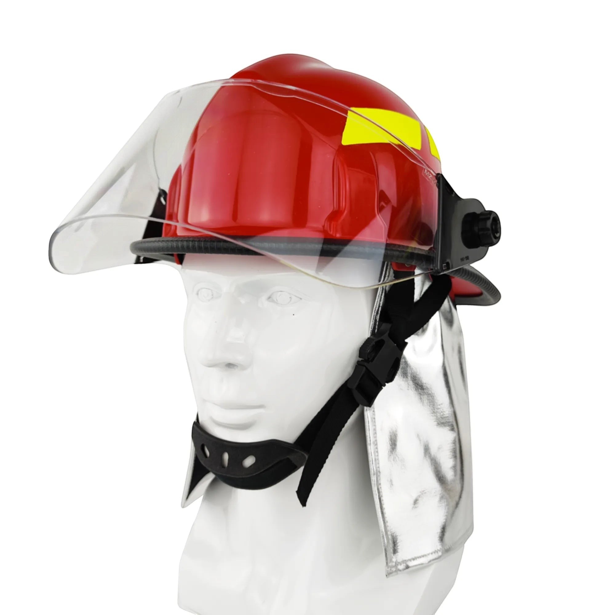 Casco de bombero GERF SAFETY estilo americano rojo con visor PPSU transparente y protector de cuello de aluminio.