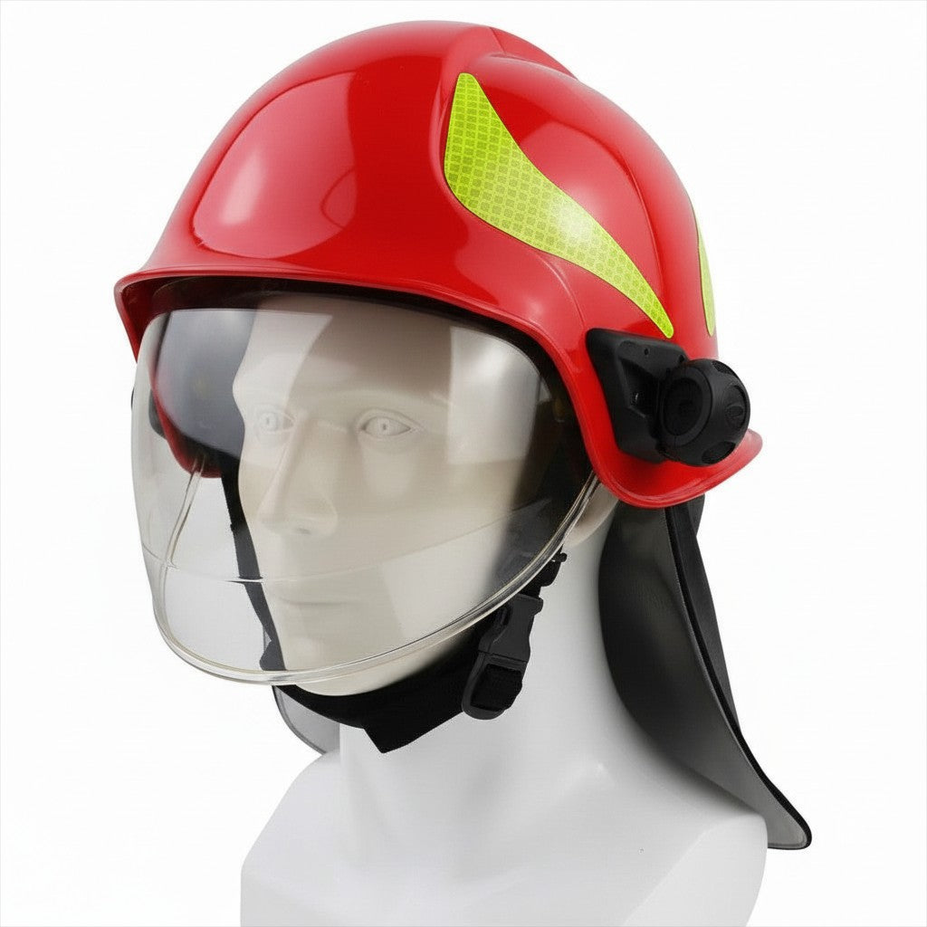 Casco de bombero rojo GERF SAFETY con doble visor, reflectores 3M y protector de cuello, certificado EN 443:2008.
