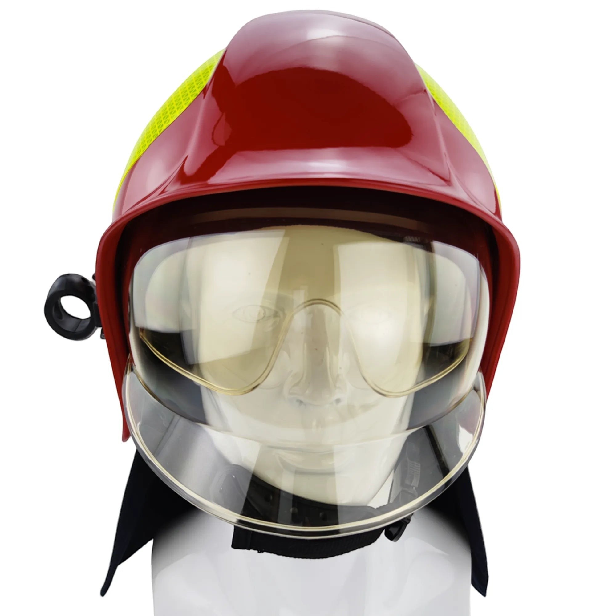 Casco de bombero GERF SAFETY A1 Calisia rojo con doble visor transparente y protector de cuello en maniquí