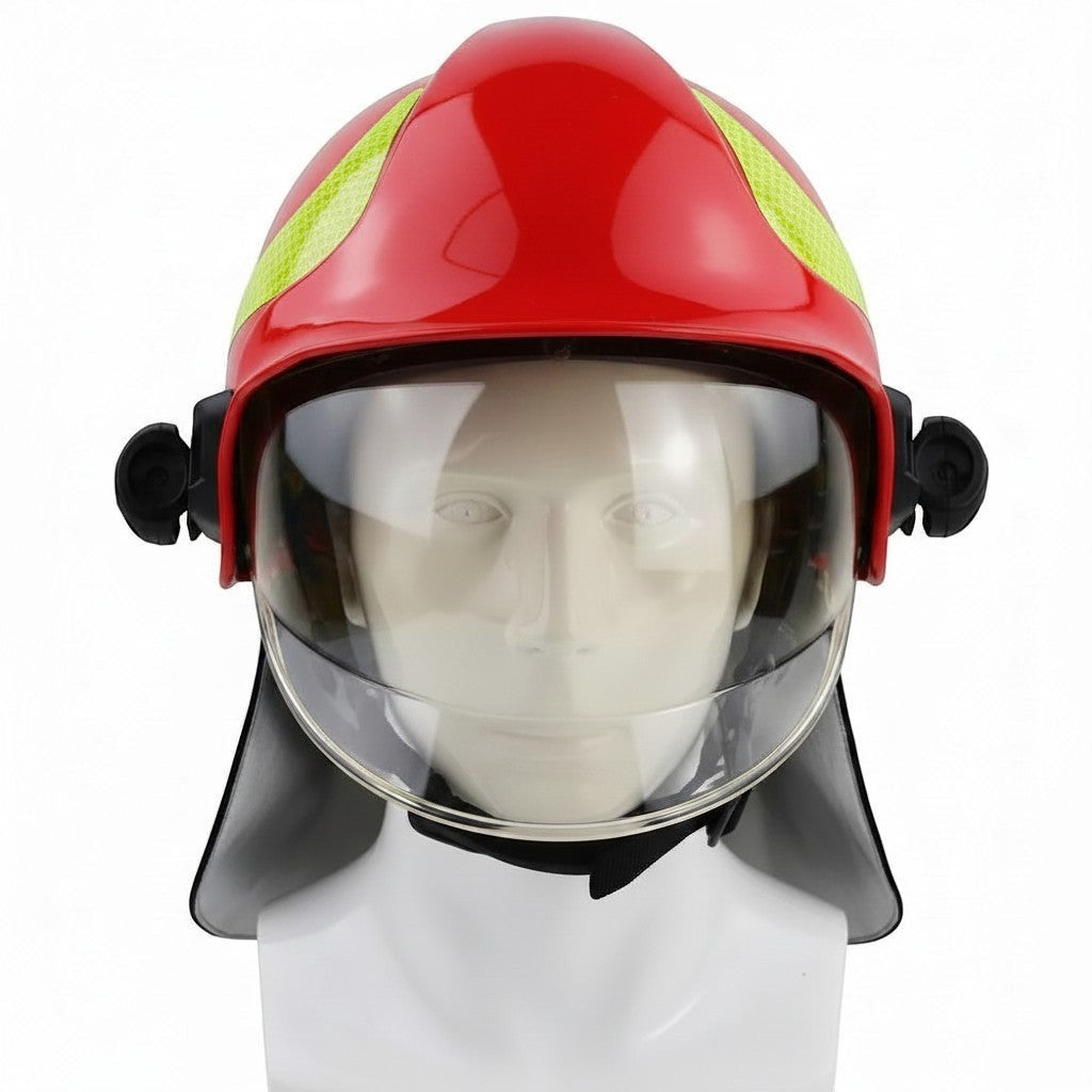 Casco de bombero rojo GERF SAFETY con doble visor transparente, reflectores 3M y protección de cuello, norma EN 443:2008