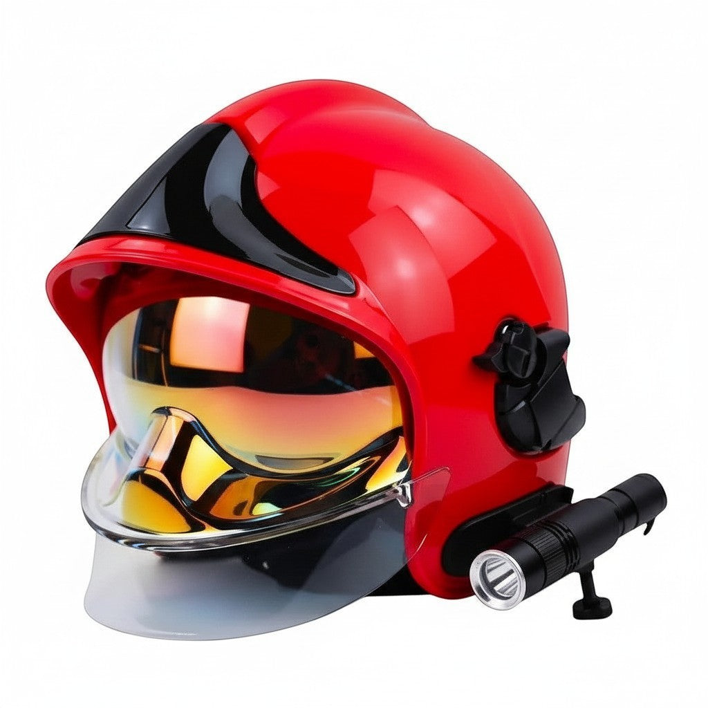 Casco de bombero rojo GERF SAFETY estilo Europa con visera dorada integral, carcasa de policarbonato y linterna lateral