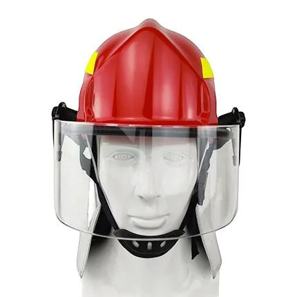 Casco de bombero GERF SAFETY estilo americano en color rojo con visor transparente de media cara y protección cervical