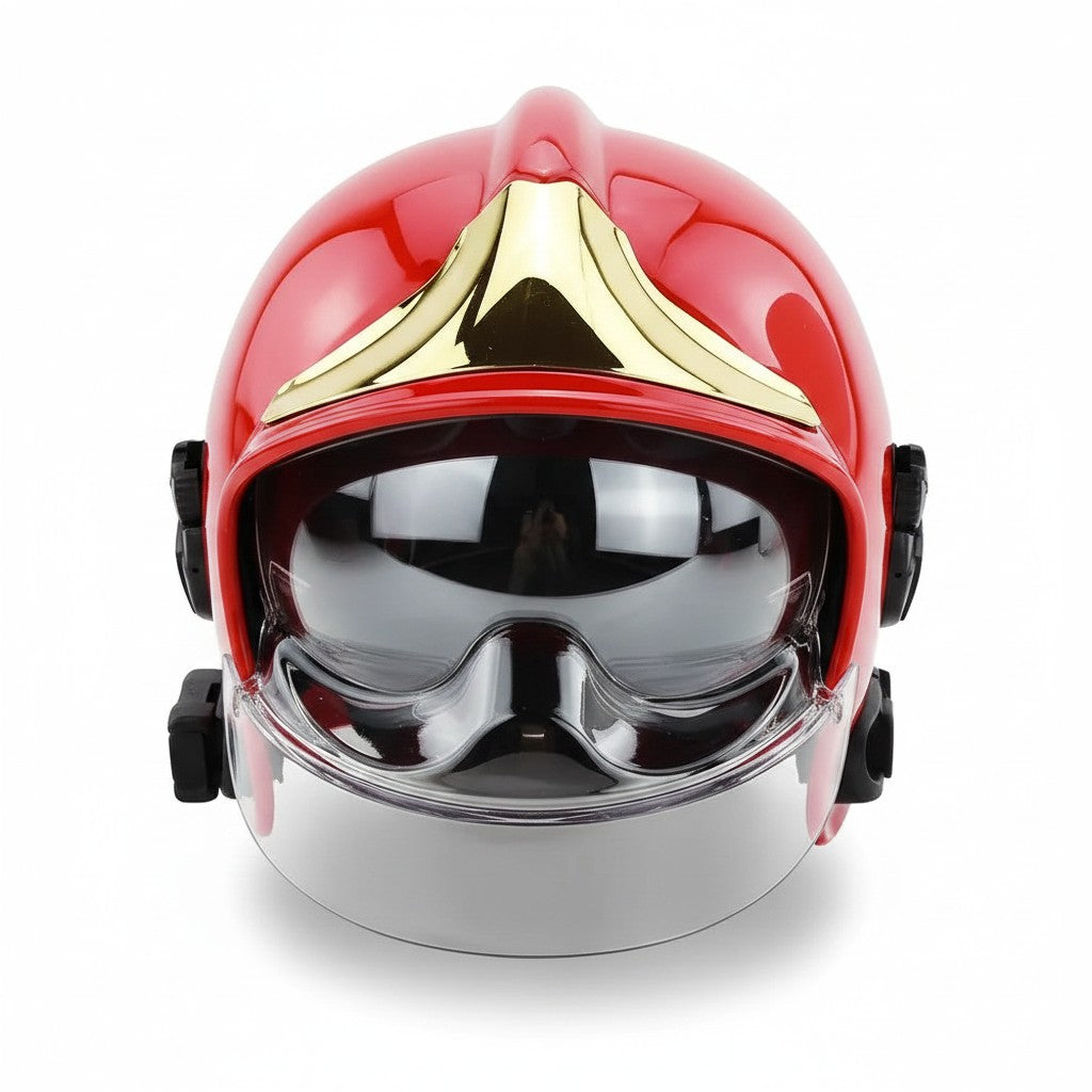 Casco de bombero rojo GERF SAFETY estilo europeo con visor integral transparente y detalles dorados, certificado EN 443.