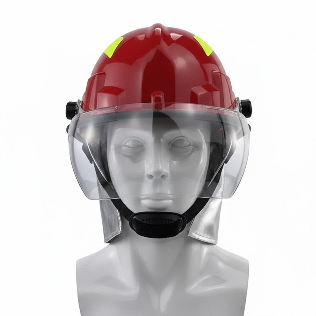 Casco de bombero rojo GERF SAFETY estilo coreano con visor transparente, protector de cuello y reflectores amarillos.