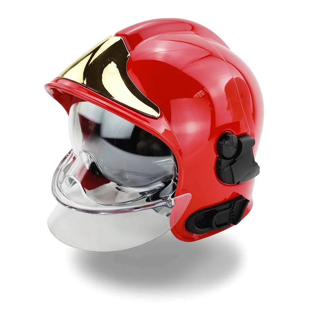 Casco de bombero rojo GERF SAFETY estilo europeo con visor transparente y protector frontal dorado certificado EN 443