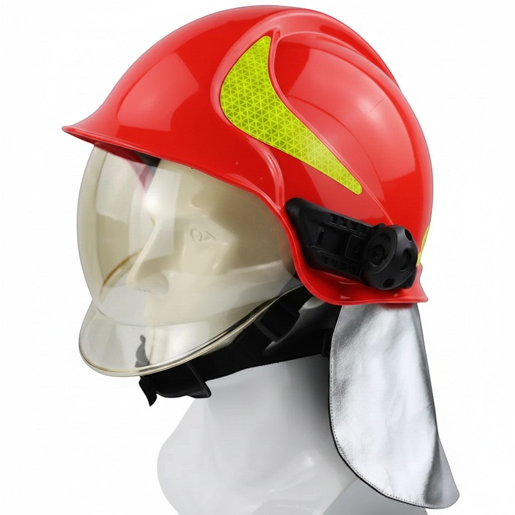 Casco de bombero rojo GERF SAFETY con doble visor, protector de cuello de aluminio y bandas reflectantes 3M.