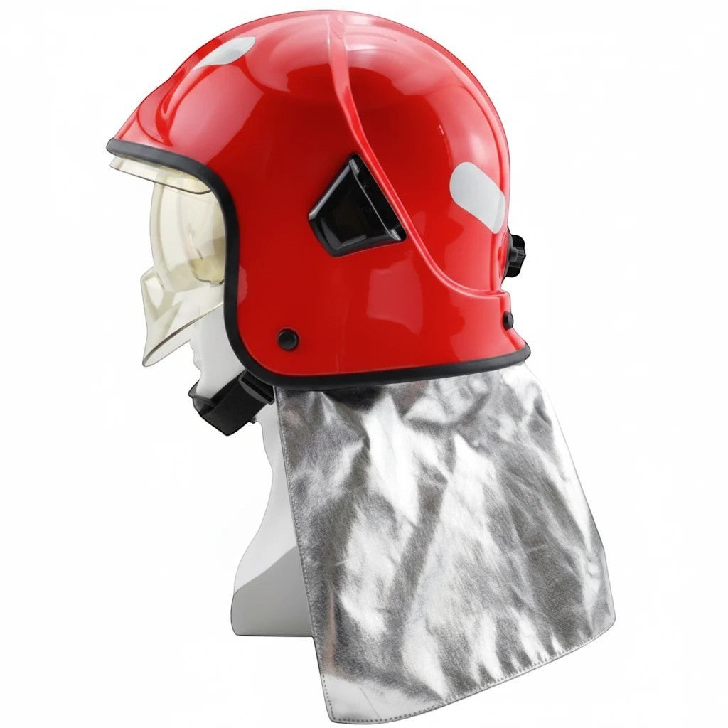 Casco de bombero rojo GERF SAFETY estilo europeo con doble visor, protector de cuello de aluminio y bandas reflectantes.