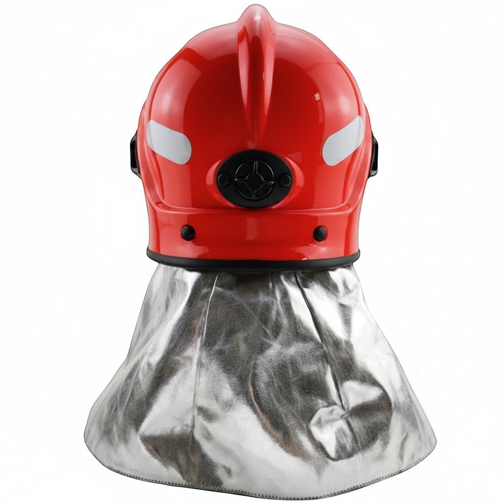 Casco de bombero rojo GERF SAFETY estilo europeo con protector de cuello de aluminio y bandas reflectantes