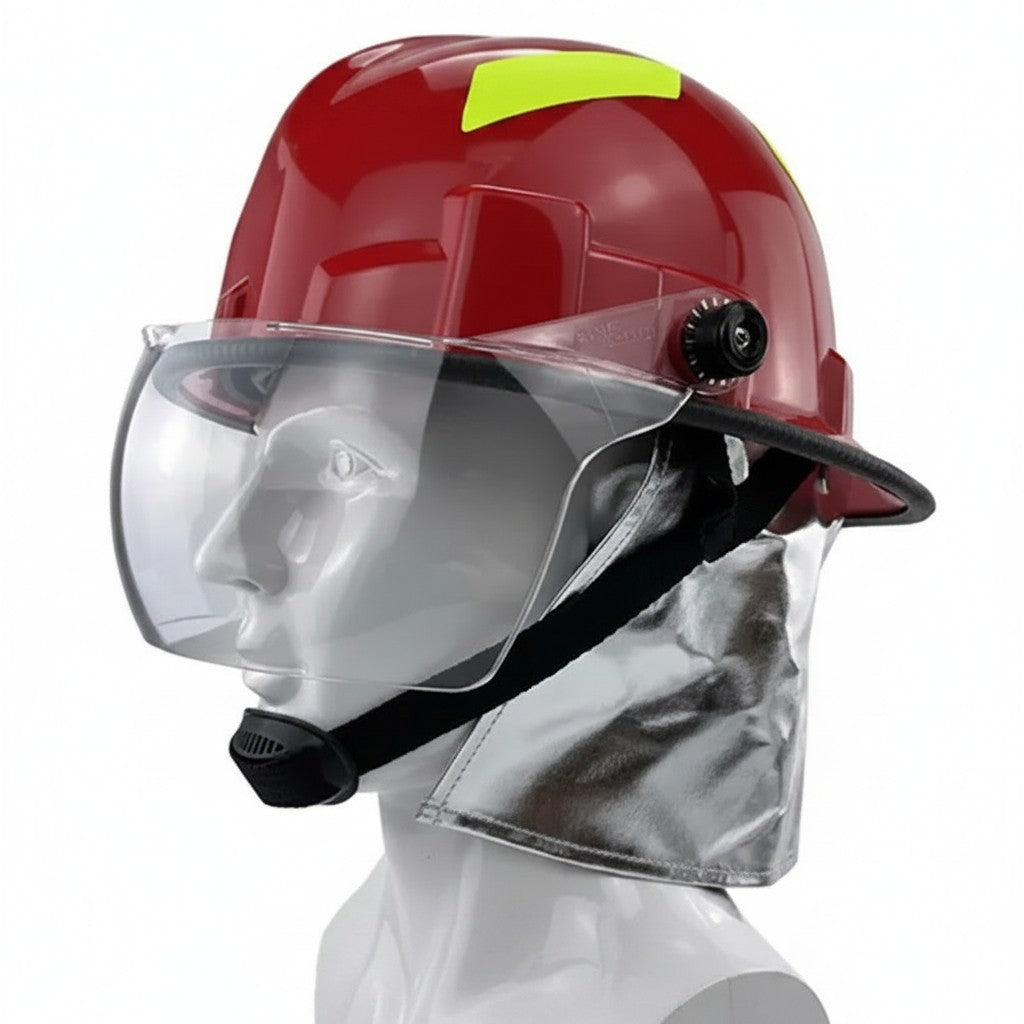 Casco de bombero GERF SAFETY estilo coreano rojo con visor transparente y protector de cuello térmico de aluminio