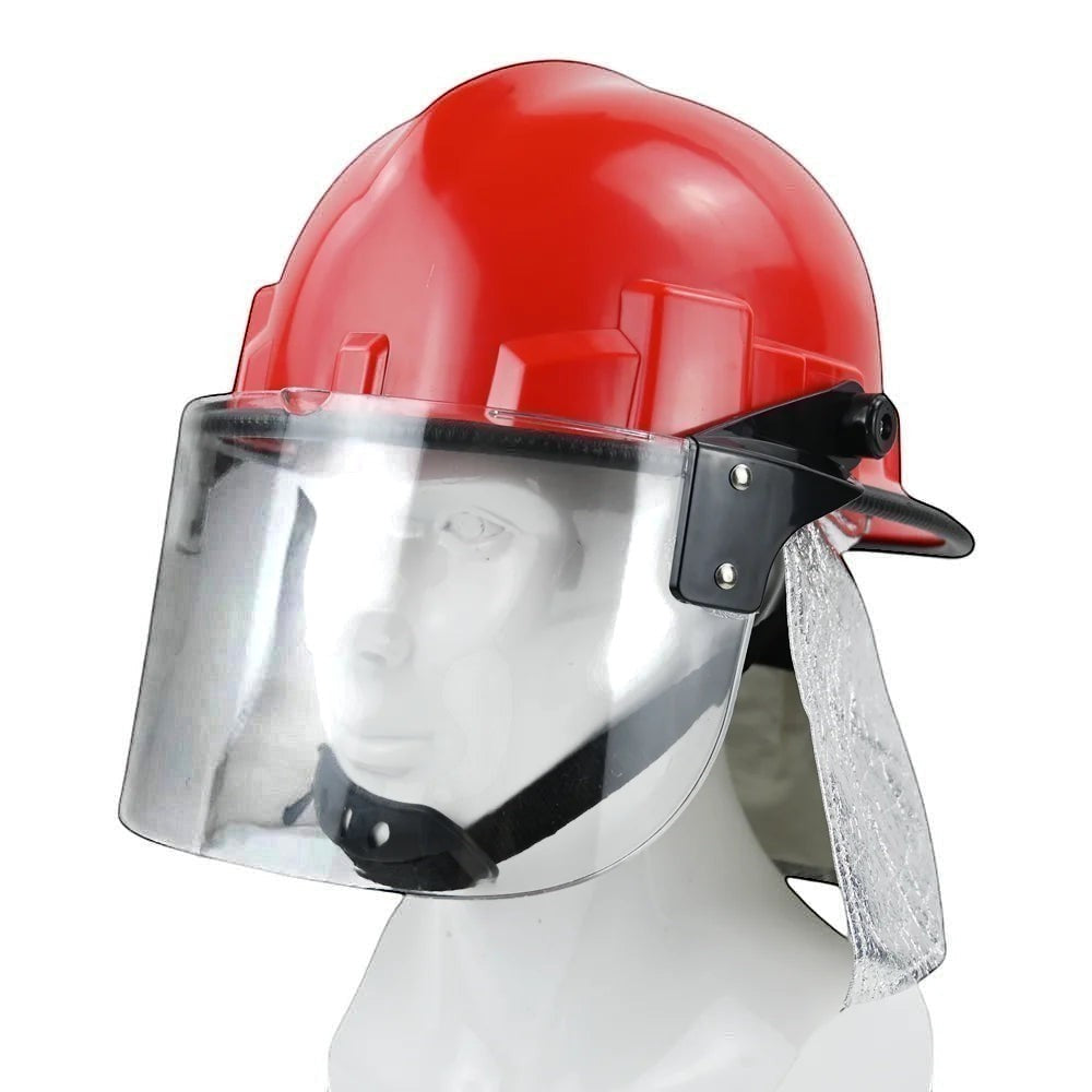 Casco de bombero rojo GERF SAFETY estilo coreano con lente de policarbonato grande y protector de cuello de aluminio.