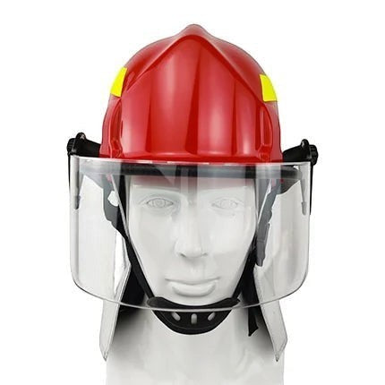 Casco de bombero rojo estilo estadounidense GERF SAFETY con visor transparente y protector de cuello de aluminio