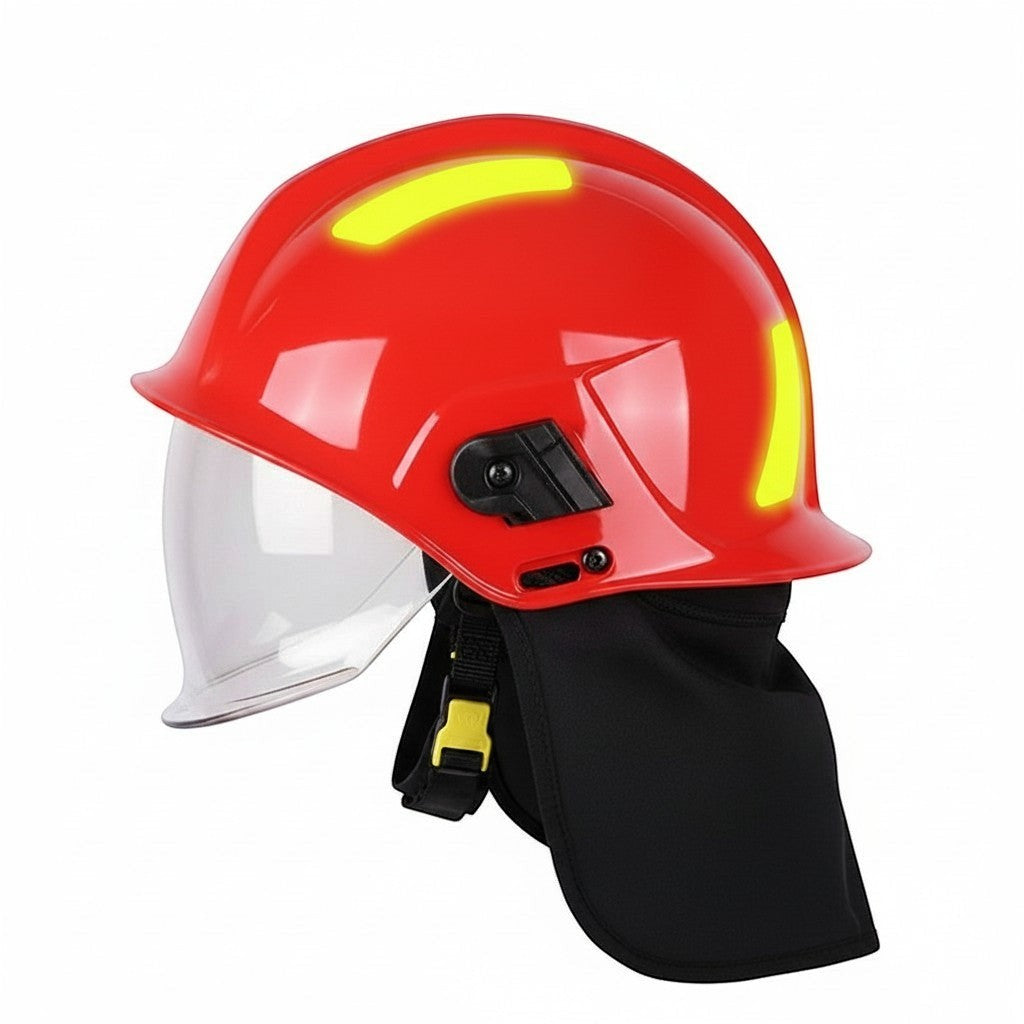 Casco de bombero GERF SAFETY rojo estilo europeo con visor transparente, bandas reflectantes y protector de nuca negro.