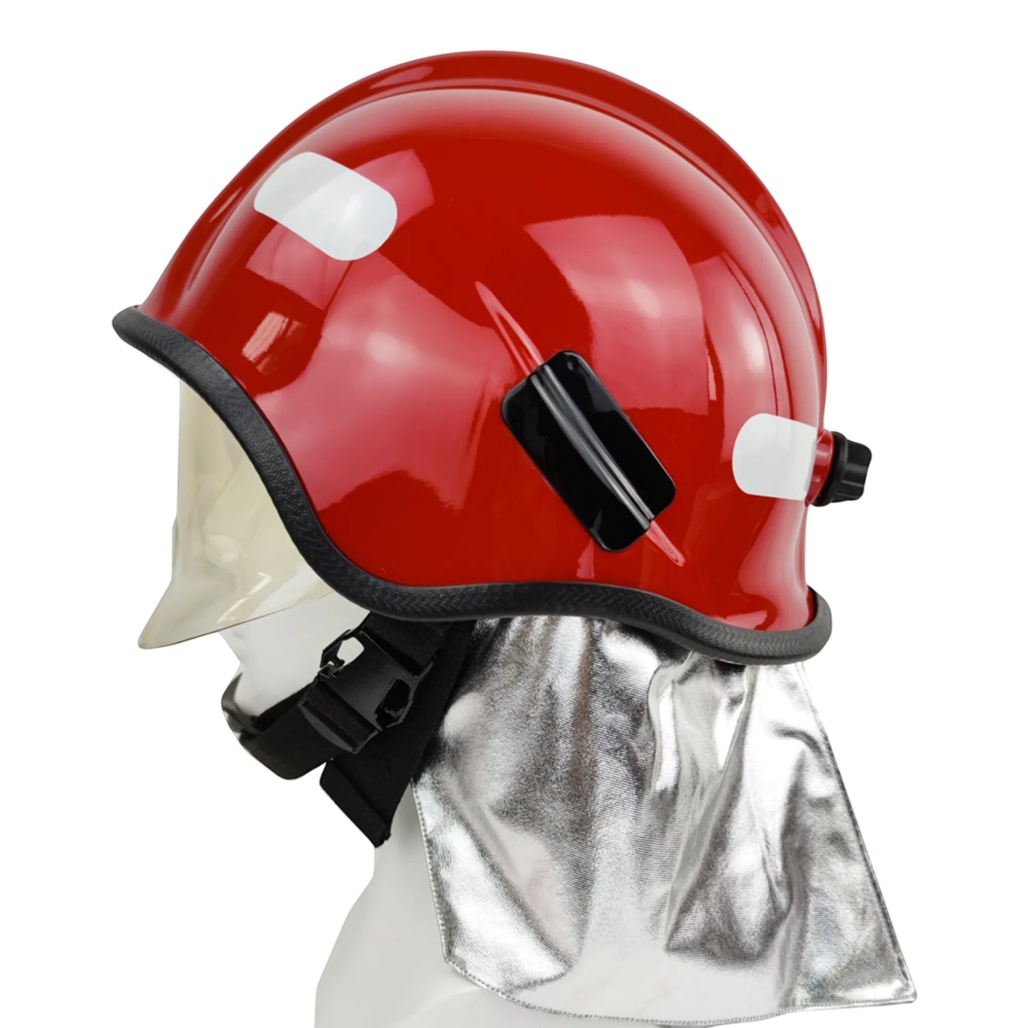 Casco de bombero rojo GERF SAFETY estilo Europa con visor, protector de cuello de aluminio y reflectores laterales.