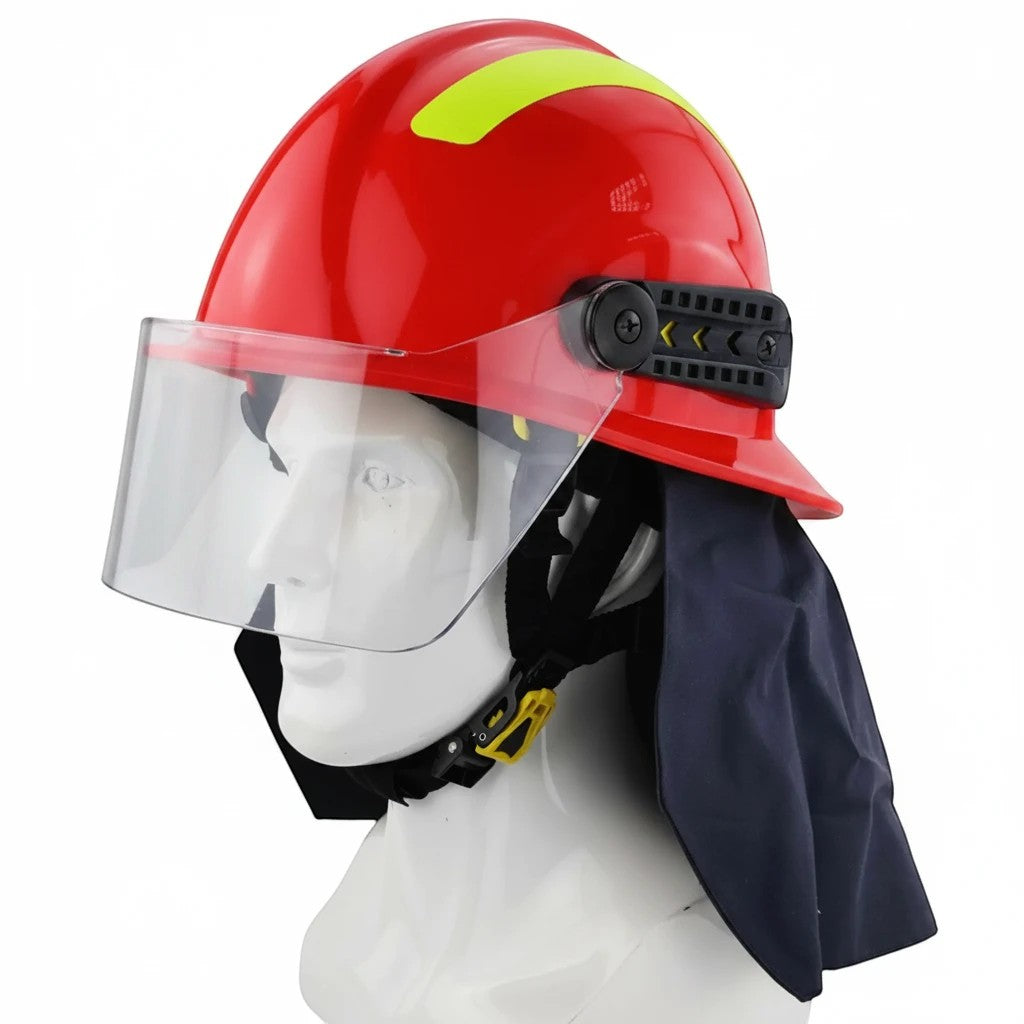 Casco de bombero rojo GERF SAFETY Estilo 17 con visor transparente, protector de cuello Nomex y reflectores