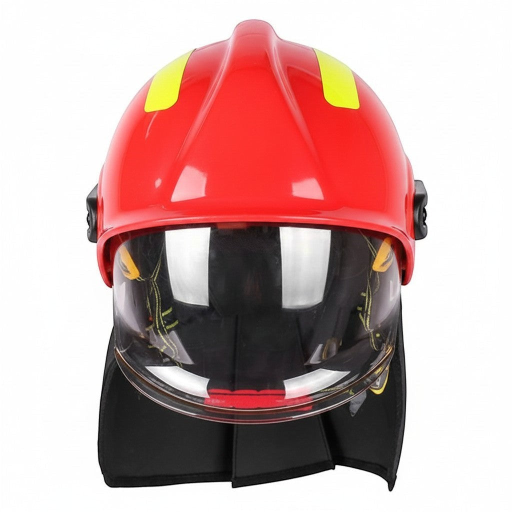 Casco de bombero rojo GERF SAFETY estilo europeo con visor semiintegral transparente y protector de cuello negro