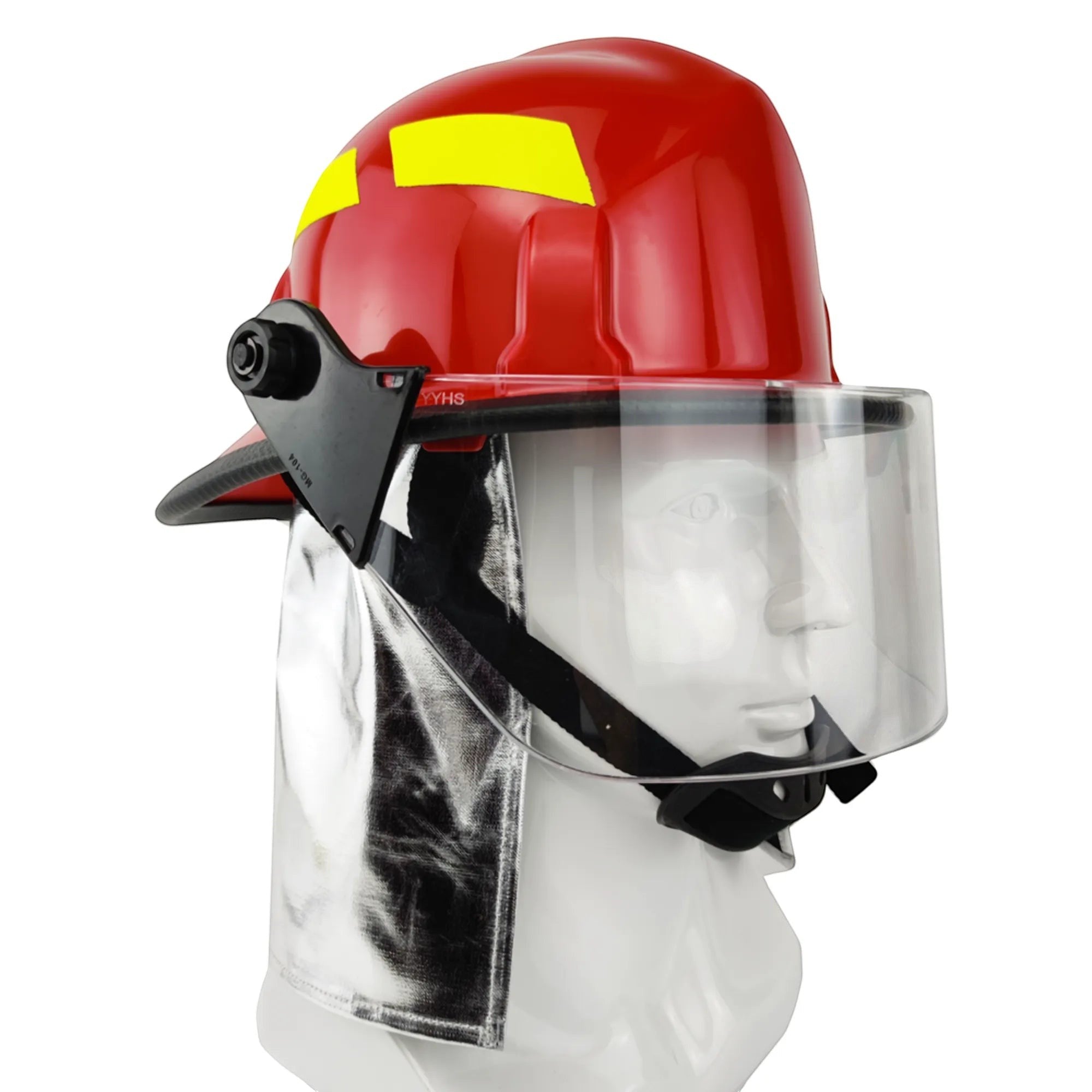 Casco de bombero rojo GERF SAFETY estilo americano con visor PPSU transparente y protector de cuello de aluminio.