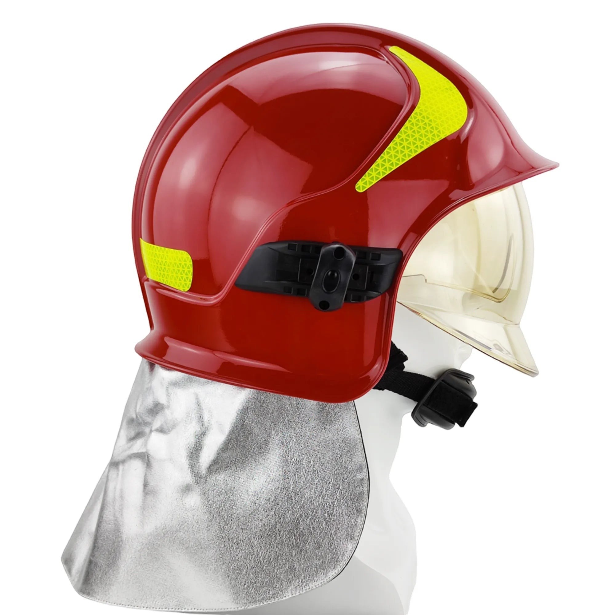 Casco de bombero GERF SAFETY A1 Calisia rojo con doble visor, protector de cuello de aluminio y bandas reflectantes 3M