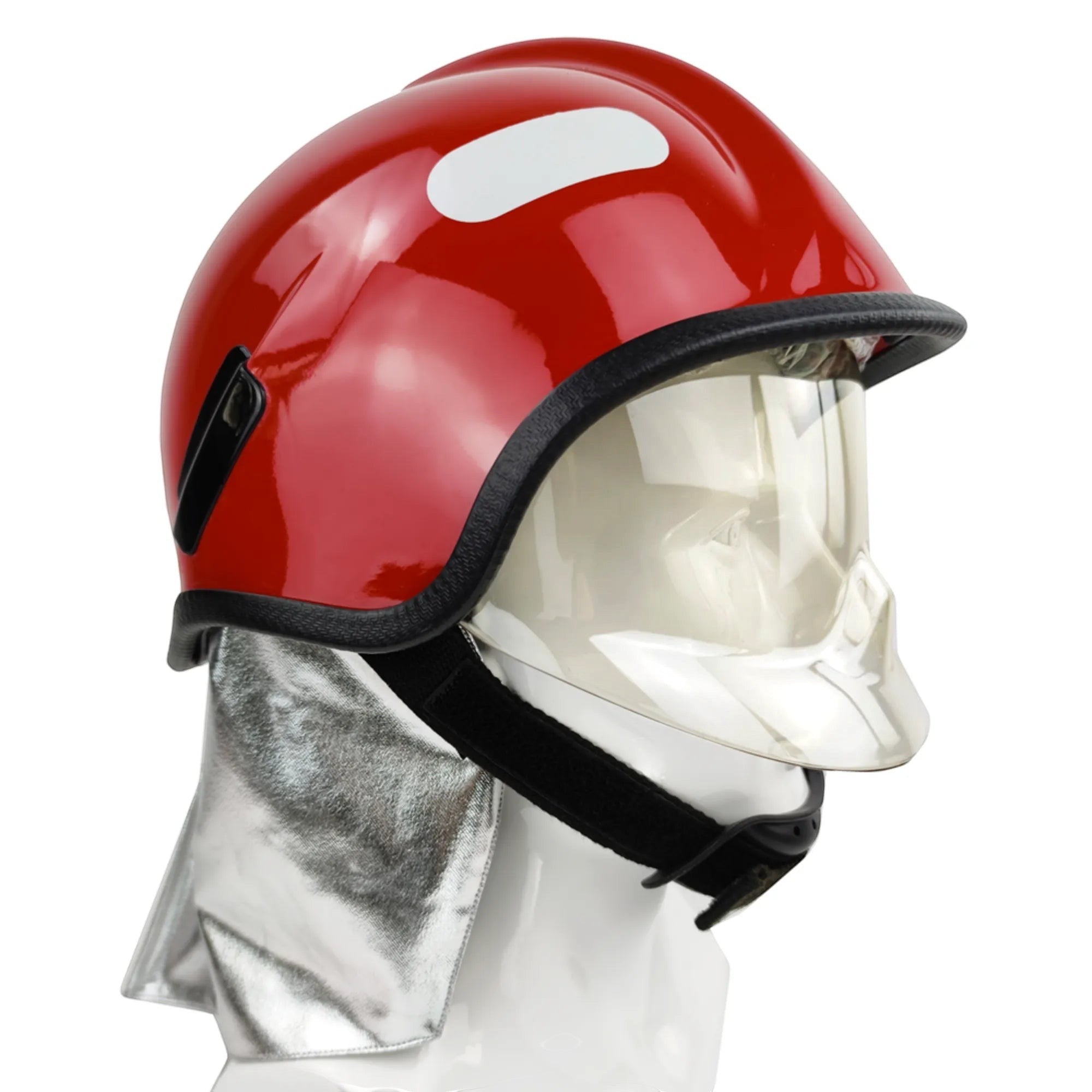 Casco de bombero GERF SAFETY 200QA rojo estilo Europa con visor transparente y protector de cuello de aluminio.