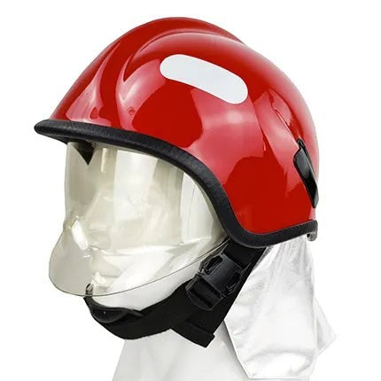 Casco de bombero GERF SAFETY 200QA rojo estilo europeo con visor transparente, protector de cuello y reflectores.