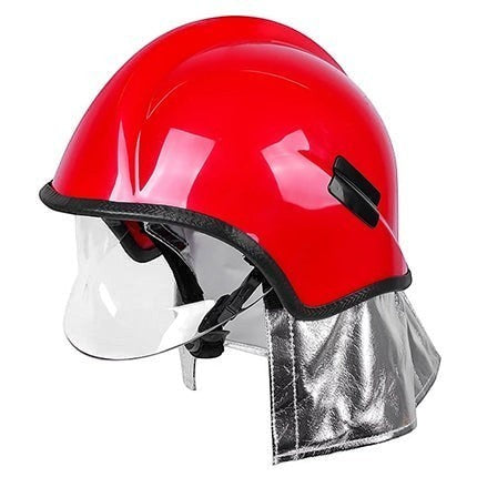 Casco de bomberos GERF SAFETY rojo de estilo europeo con carcasa de ABS, gafas protectoras y cubrenuca de aluminio.
