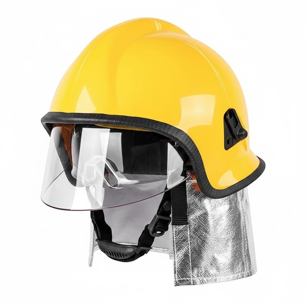 Casco de entrenamiento GERF SAFETY amarillo estilo europeo con gafas de policarbonato y protector de cuello de aluminio