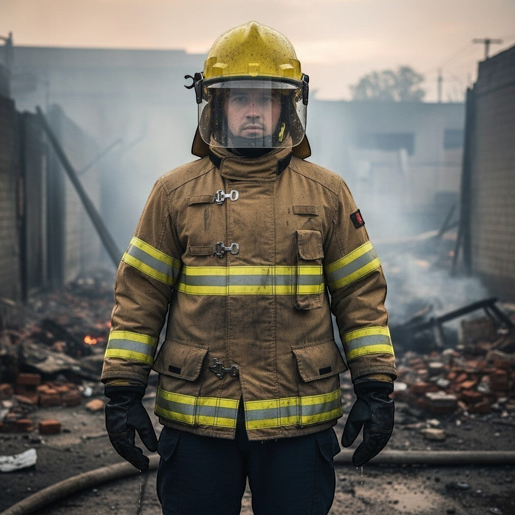 Bombero con casco GERF SAFETY amarillo de estilo coreano y lente grande en un escenario de entrenamiento con humo