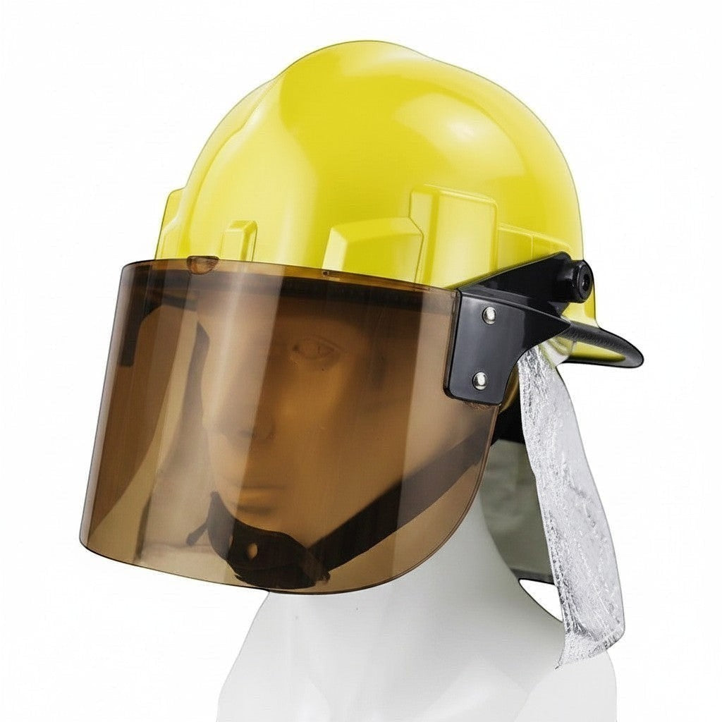 Casco de entrenamiento GERF SAFETY amarillo con lente facial extra grande marrón y protector de cuello de aluminio