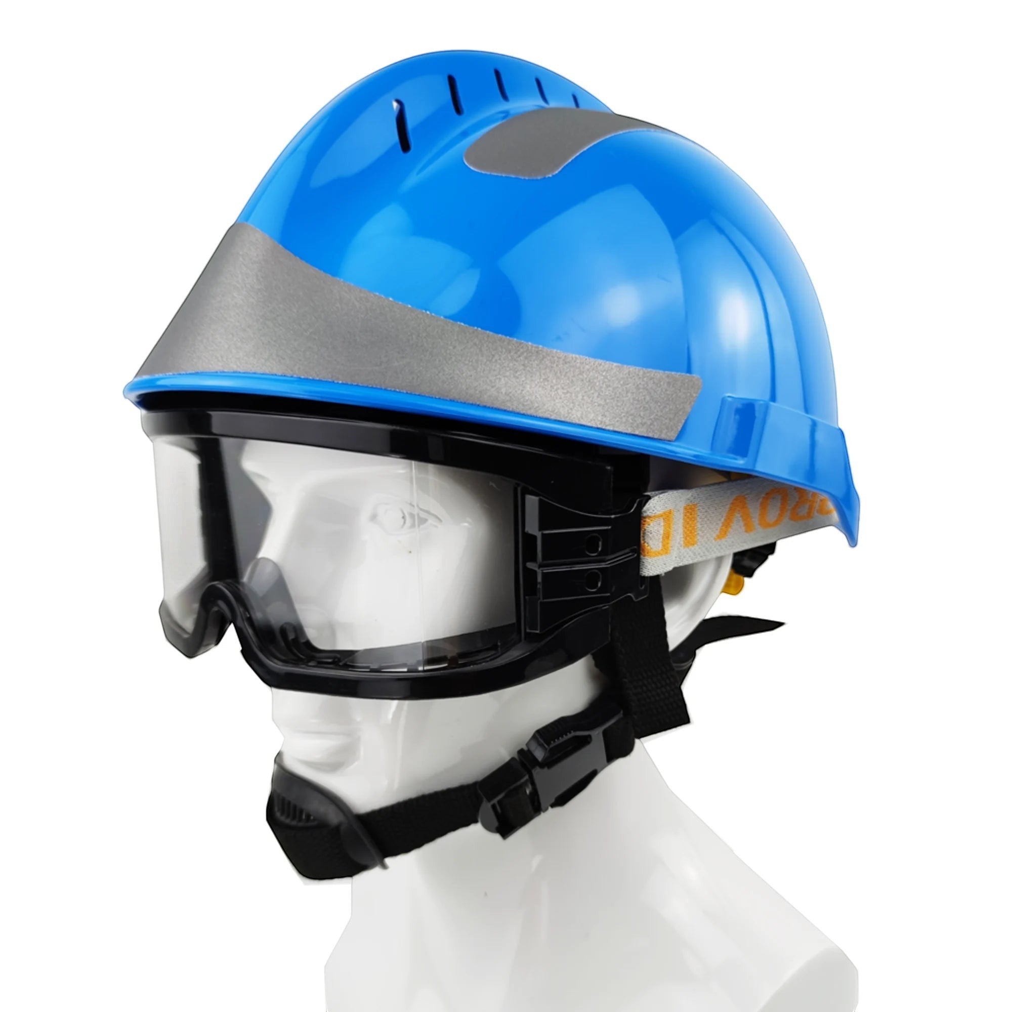Casco de rescate azul GERF SAFETY con gafas protectoras extraíbles, ventilación superior y bandas reflectantes.