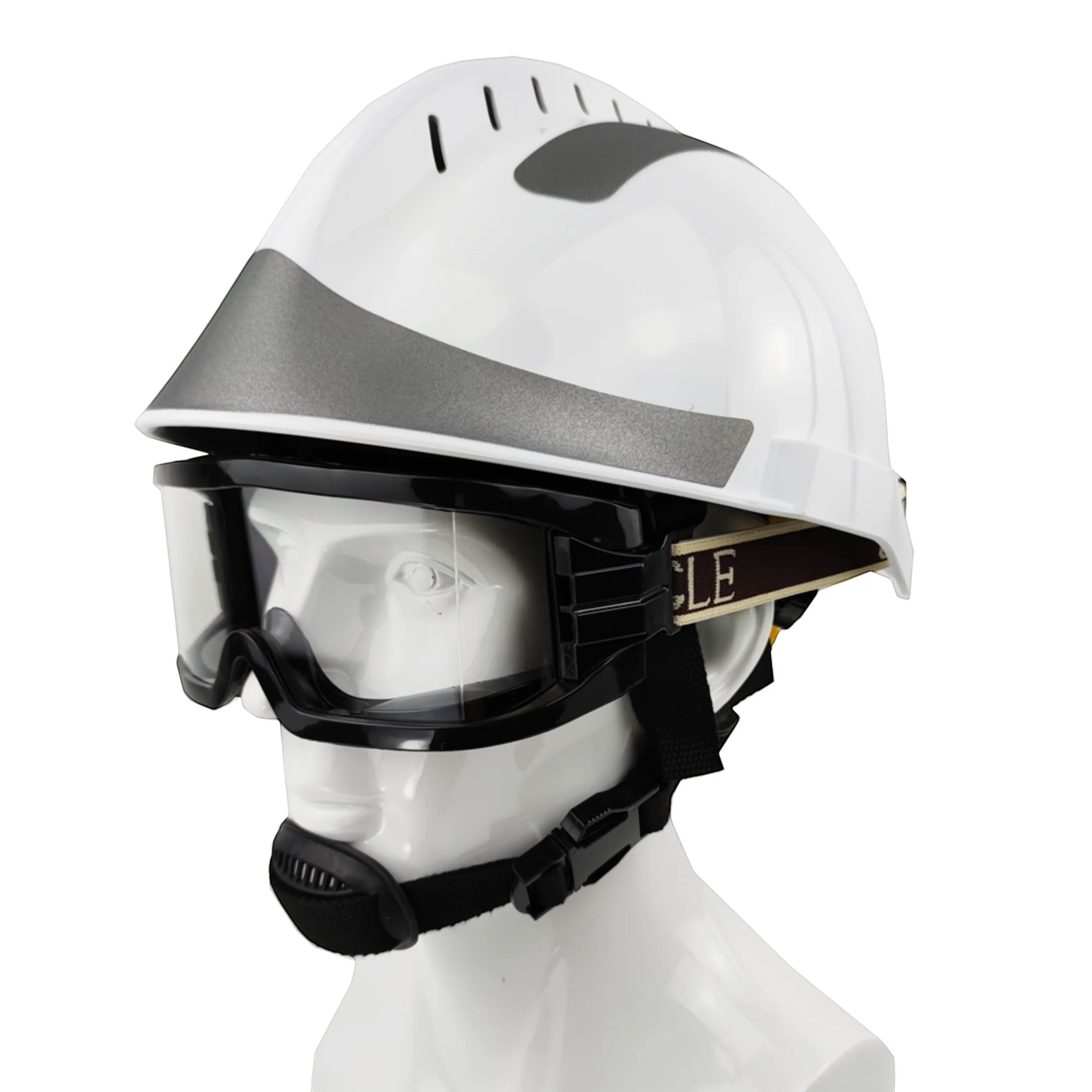 Casco de rescate GERF SAFETY de ABS blanco con gafas protectoras extraíbles, linterna integrada y ventilación superior.
