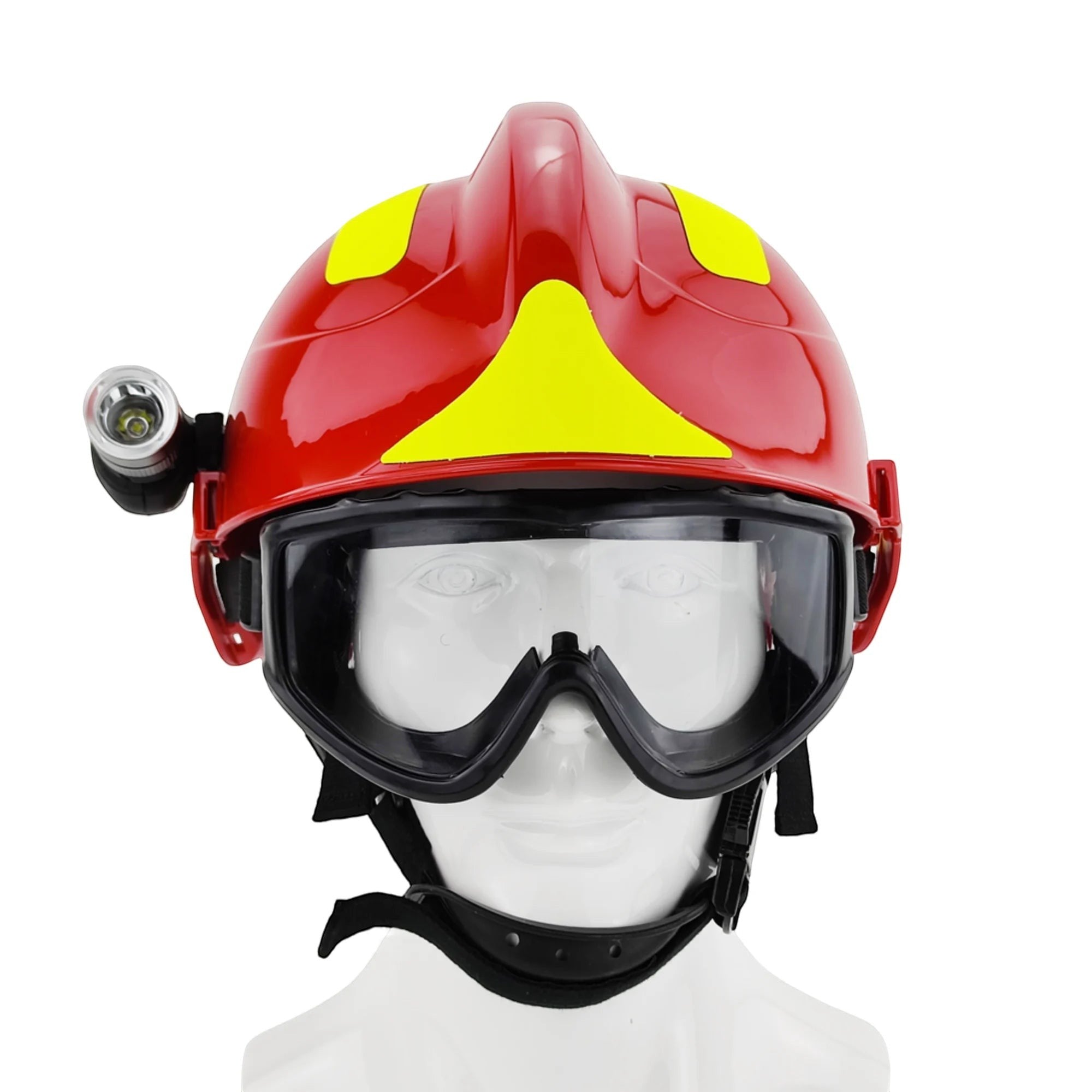 Casco de rescate GERF SAFETY rojo con linterna integrada, gafas de protección y tiras reflectantes amarillas.