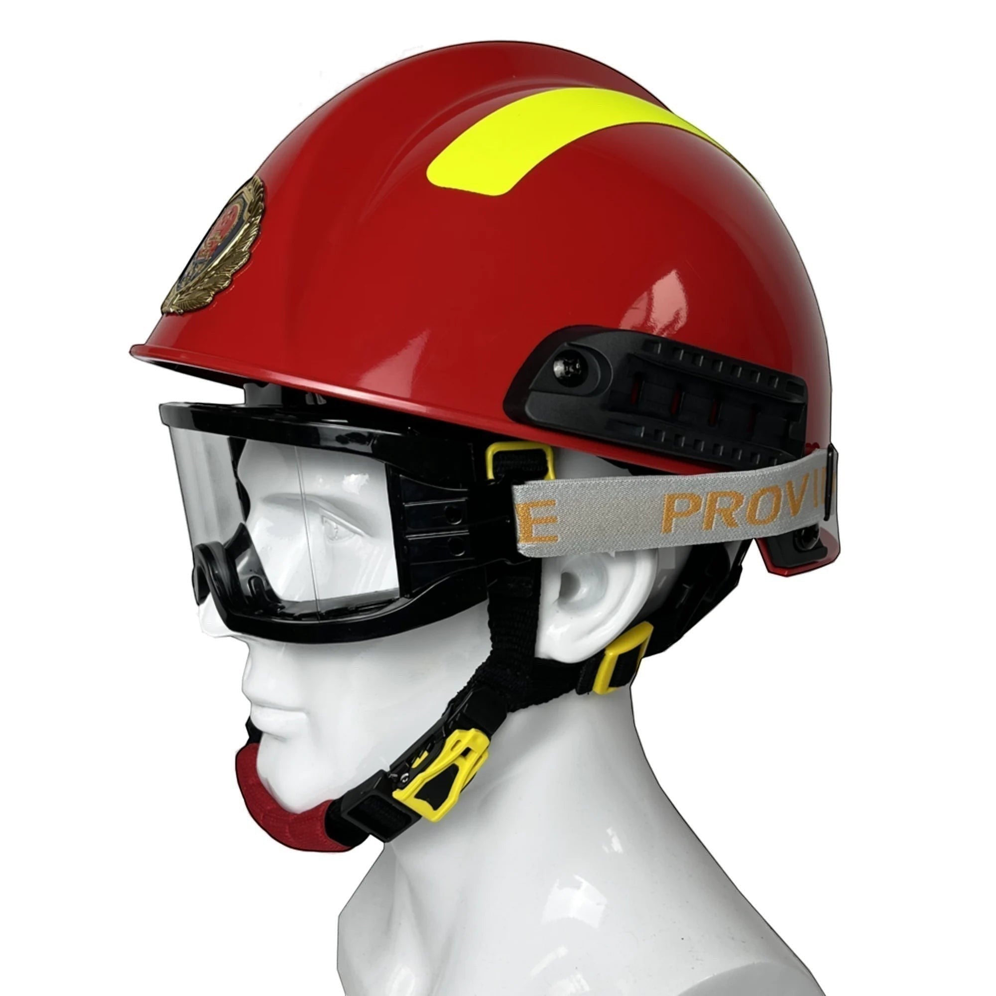 Casco de rescate GERF SAFETY modelo 90GFIRE-F2 en color rojo con gafas protectoras integradas y bandas reflectantes.