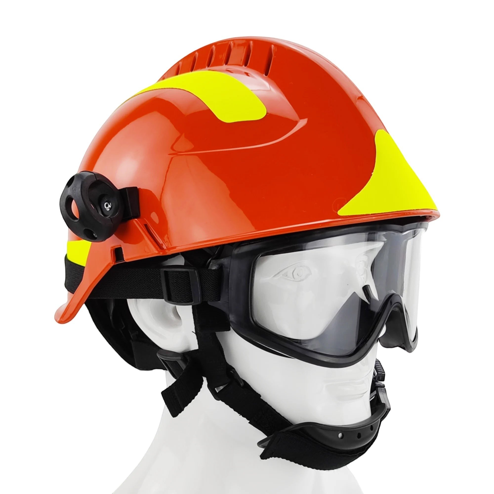 Casco de rescate GERF SAFETY rojo con gafas protectoras integradas, linterna lateral y bandas reflectantes amarillas.