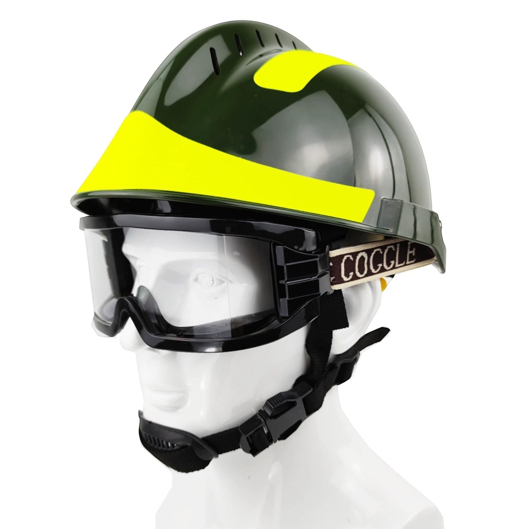 Casco de rescate GERF SAFETY con gafas protectoras, ventilación superior y bandas reflectantes sobre maniquí blanco