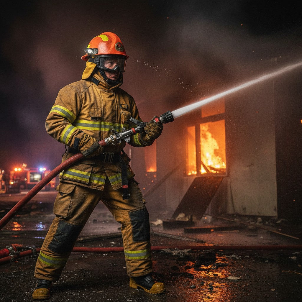 Bombero con casco GERF SAFETY naranja y linterna integrada apagando un incendio forestal con una manguera de agua.