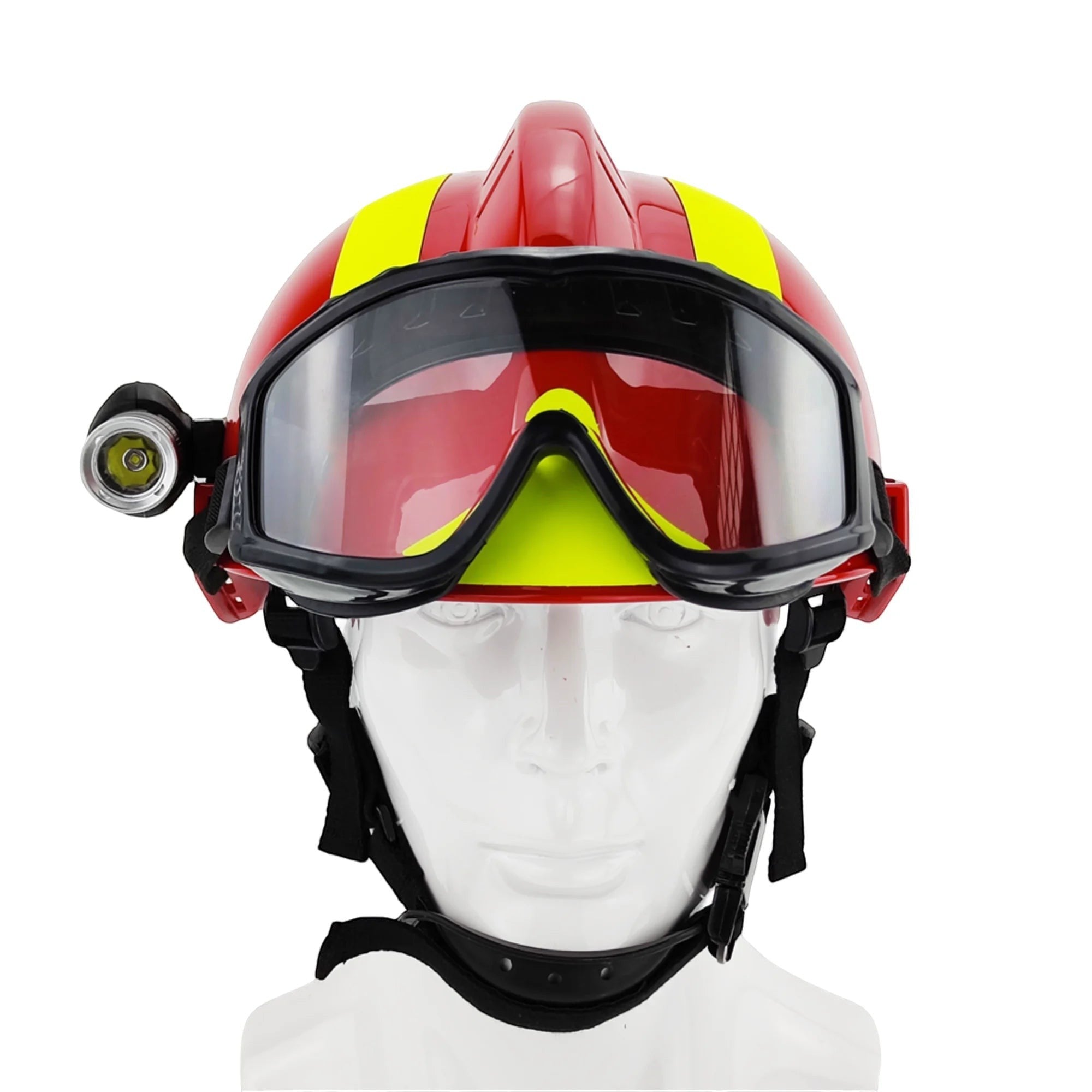 Casco de rescate GERF SAFETY rojo con gafas protectoras, linterna integrada y bandas reflectantes amarillas.