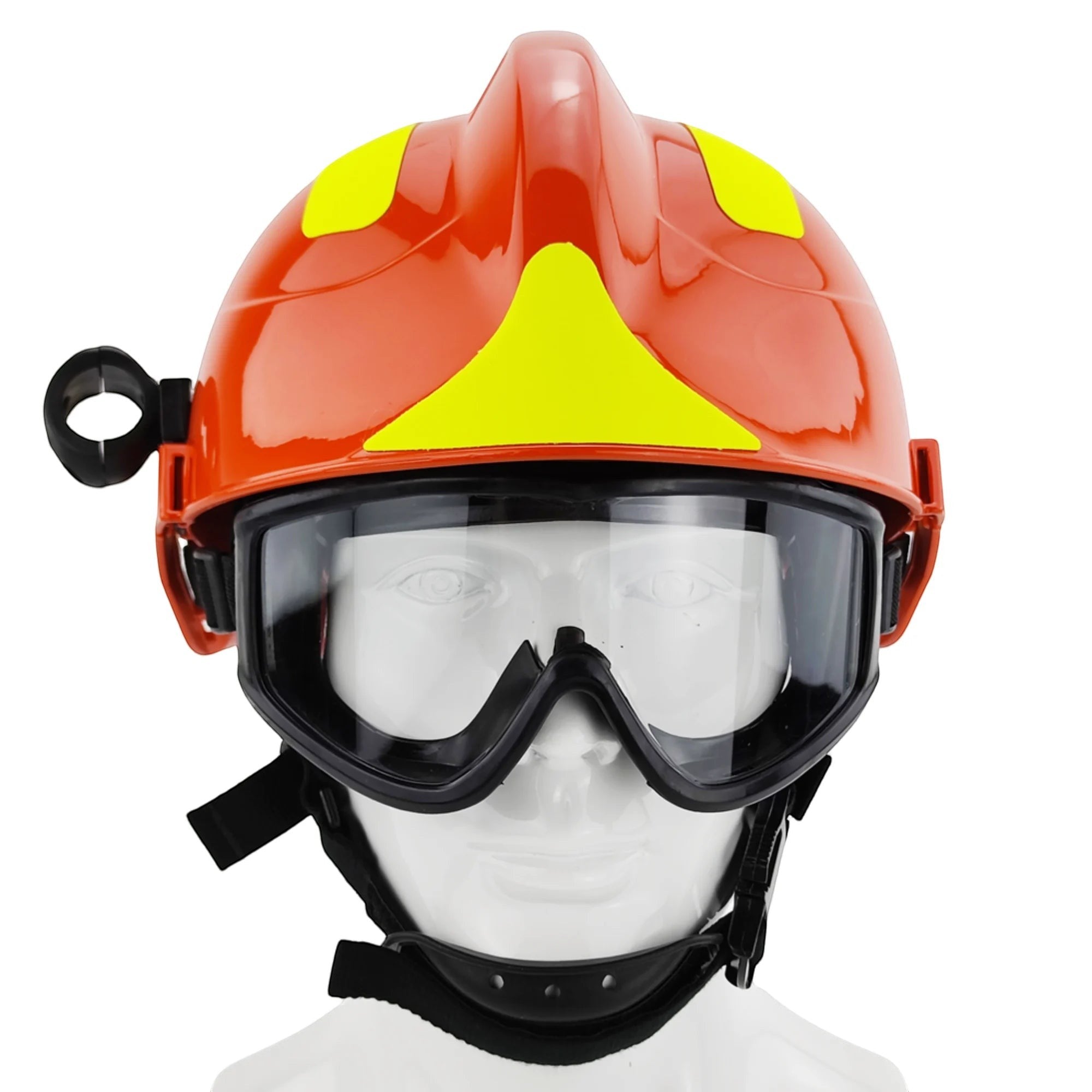 Casco de rescate GERF SAFETY rojo con gafas protectoras integradas, linterna y bandas reflectantes de alta visibilidad.