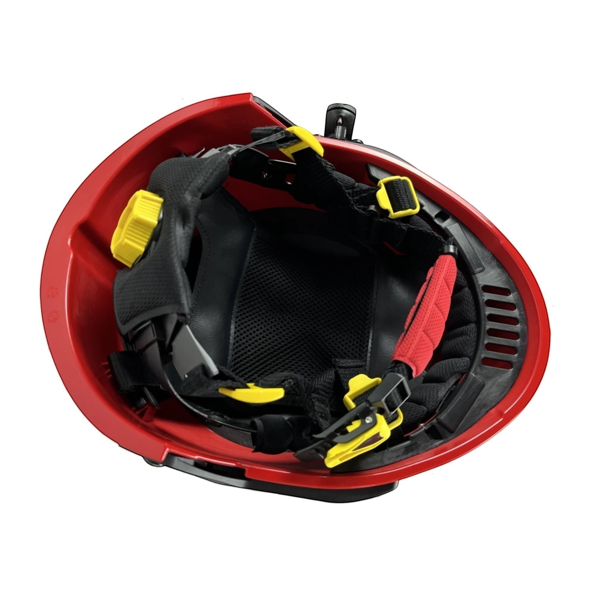 Interior del casco de rescate GERF SAFETY rojo con sistema de ajuste rápido, acolchado transpirable y correas