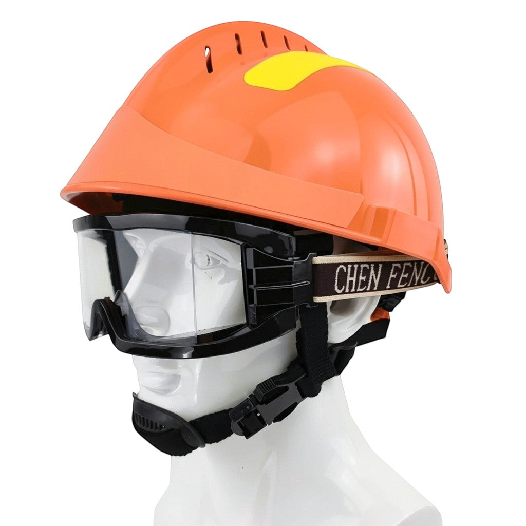 Casco de rescate naranja GERF SAFETY con gafas protectoras transparentes, ventilación superior y tiras reflectantes.