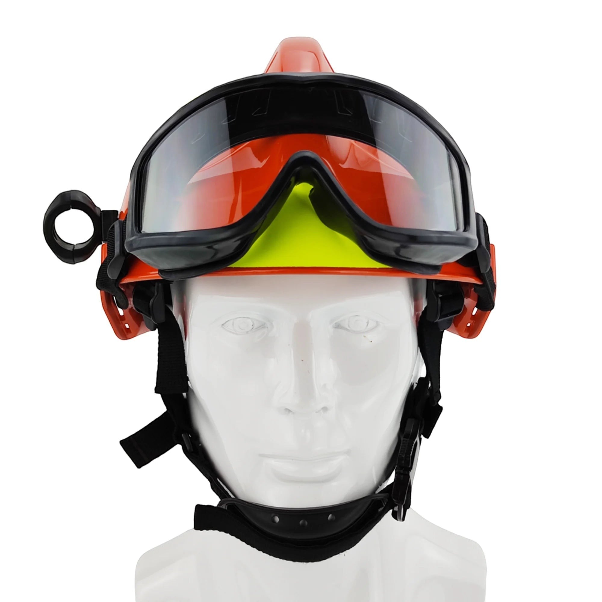 Casco de rescate GERF SAFETY naranja con gafas protectoras integradas, linterna lateral y bandas reflectantes amarillas.