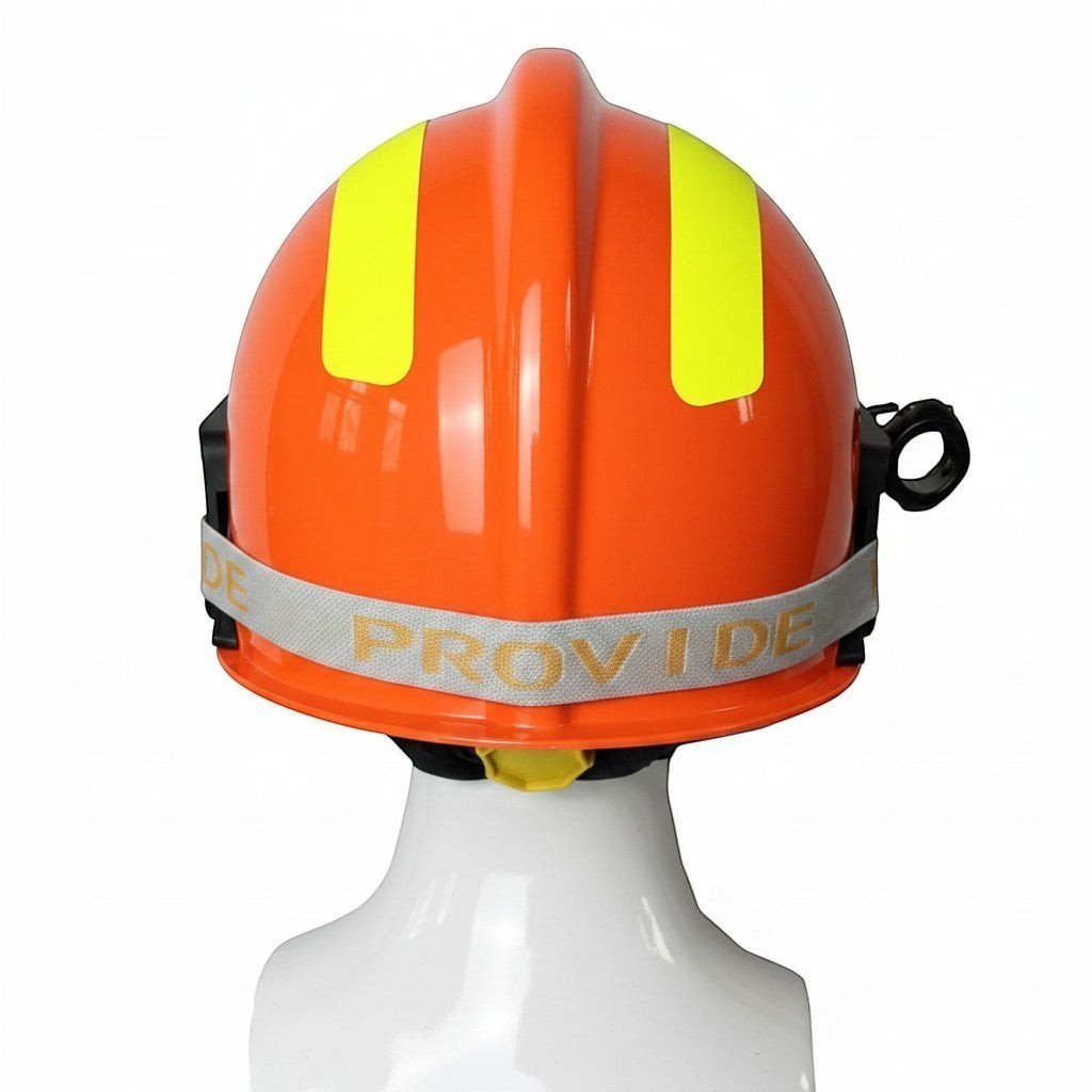 Casco de rescate naranja GERF SAFETY con bandas reflectantes amarillas y linterna lateral para bomberos.