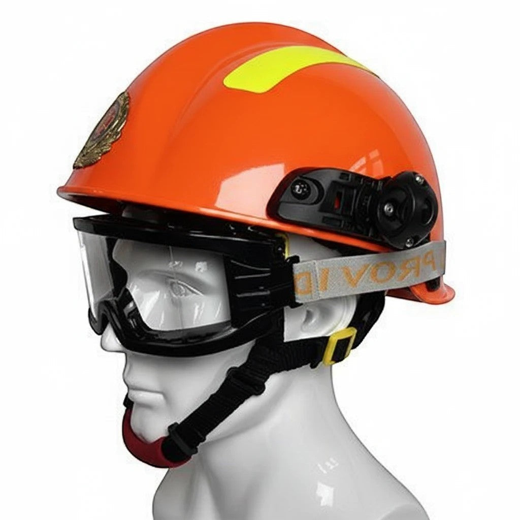 Casco de rescate GERF SAFETY naranja con gafas protectoras, linterna integrada y bandas reflectantes sobre maniquí