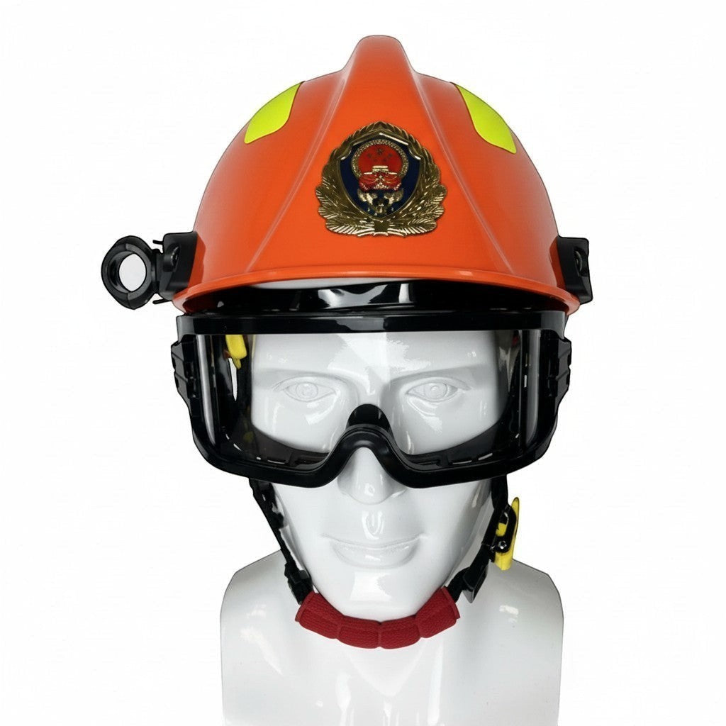 Casco de rescate naranja GERF SAFETY con gafas protectoras, linterna integrada y bandas reflectantes sobre maniquí