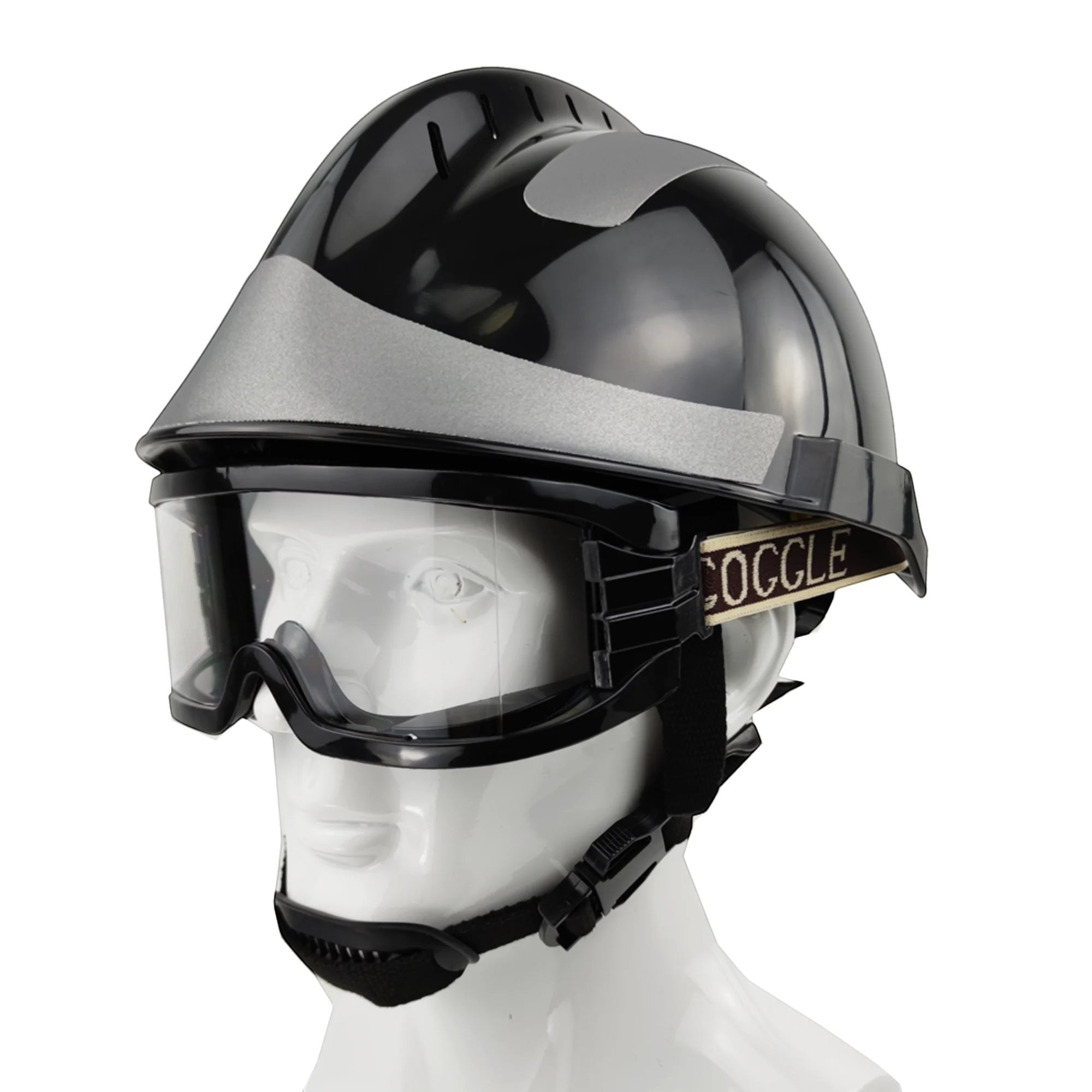 Casco de rescate GERF SAFETY negro con gafas protectoras, ventilación superior y bandas reflectantes sobre maniquí.