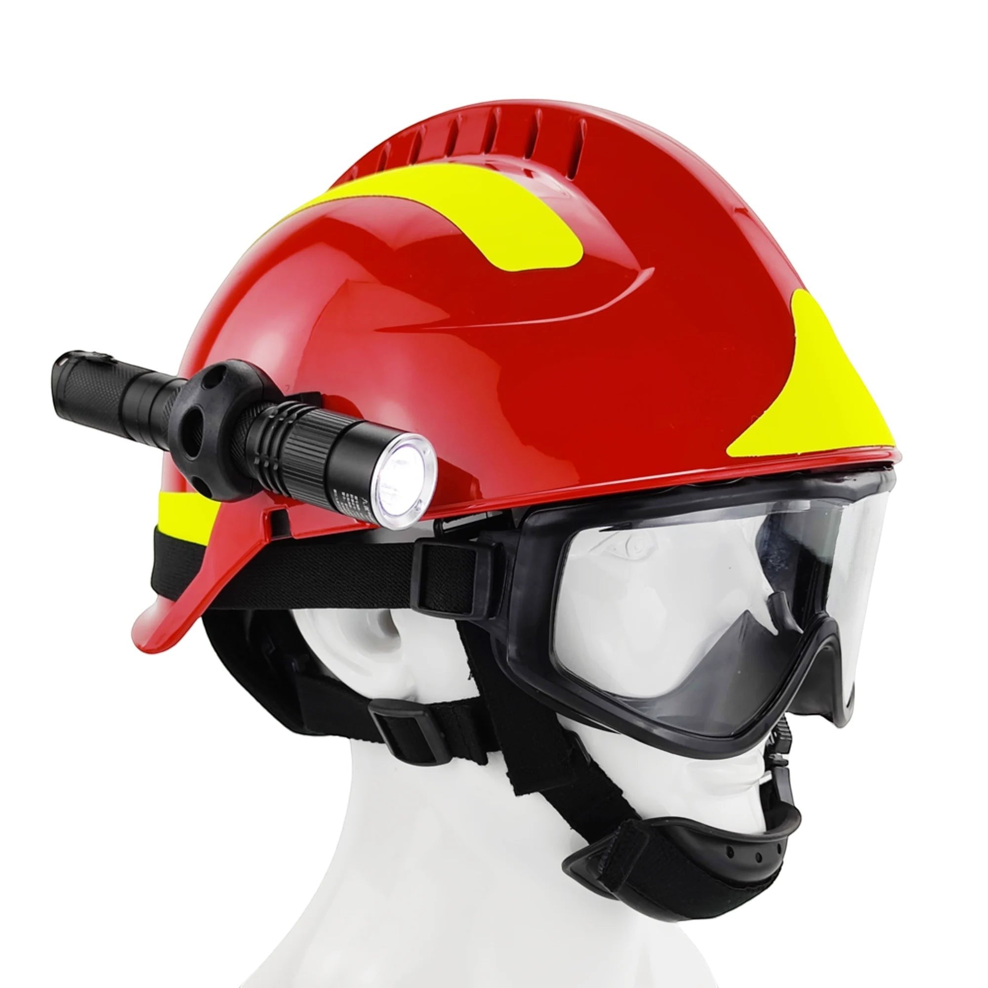 Casco de rescate GERF SAFETY rojo con linterna integrada, gafas de protección y bandas reflectantes amarillas.