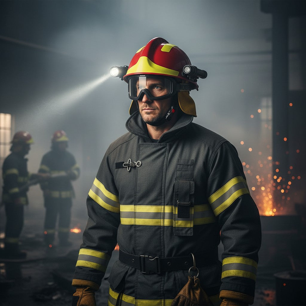 Bombero con casco de rescate rojo GERF SAFETY, gafas protectoras, linterna integrada y uniforme ignífugo en incendio.