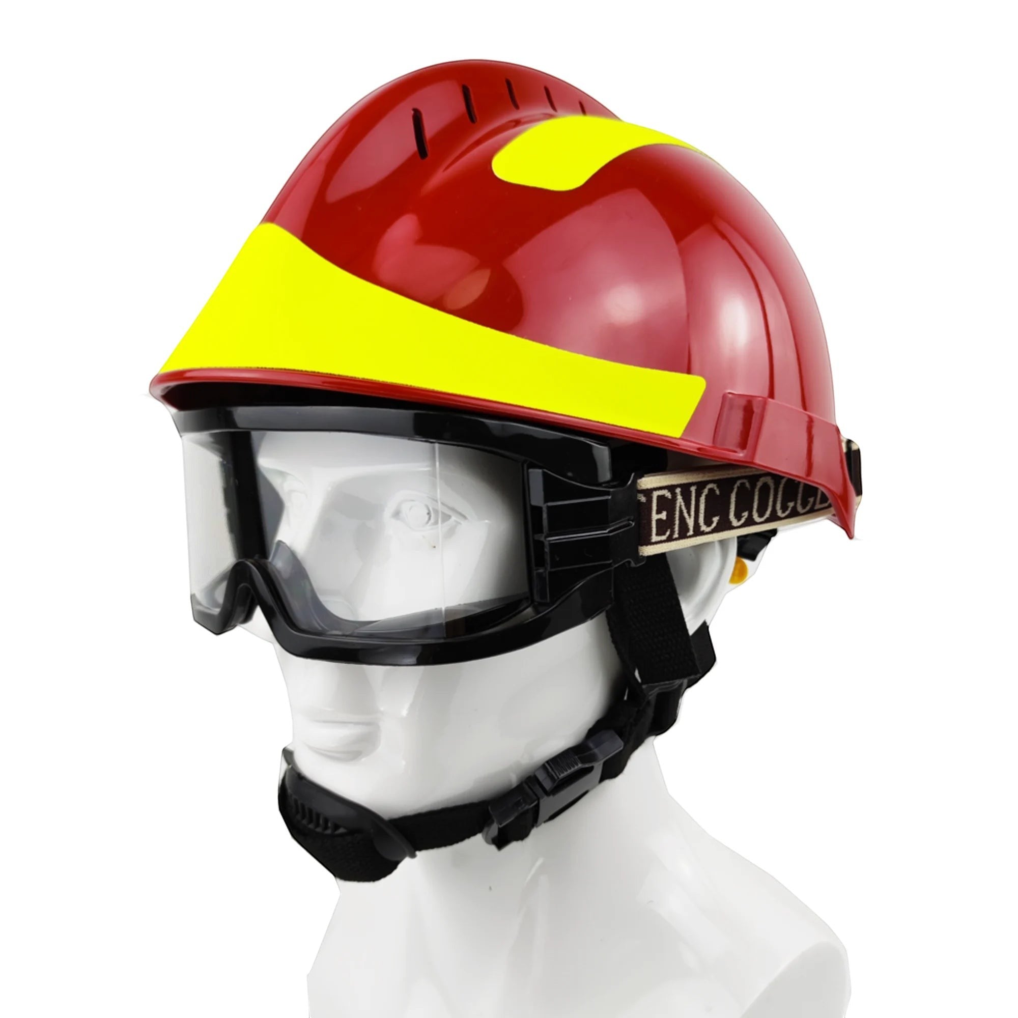 Casco de rescate GERF SAFETY rojo con gafas protectoras, tiras reflectantes amarillas y ventilación superior.