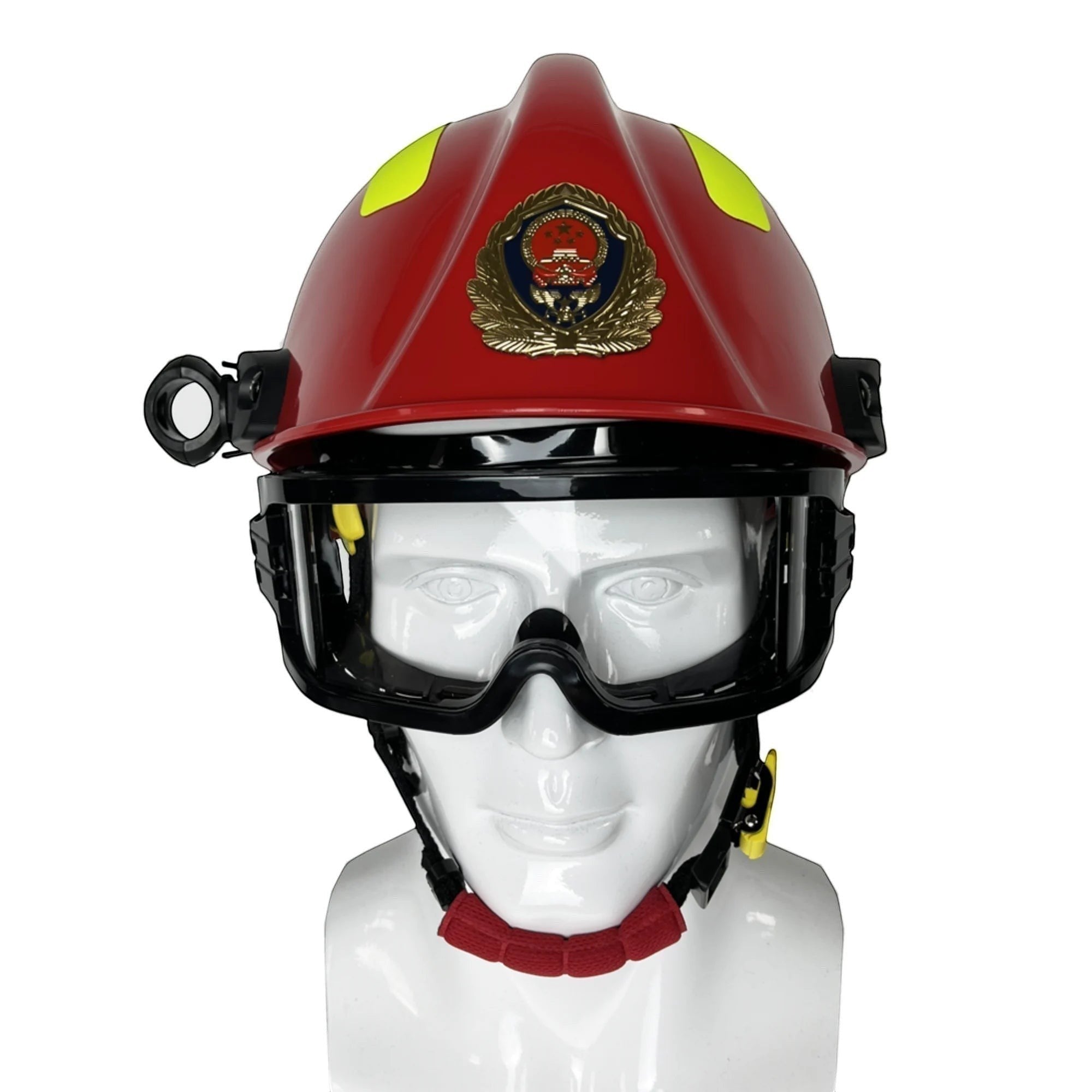 Casco de rescate GERF SAFETY rojo con gafas protectoras, linterna integrada y bandas reflectantes para bomberos.
