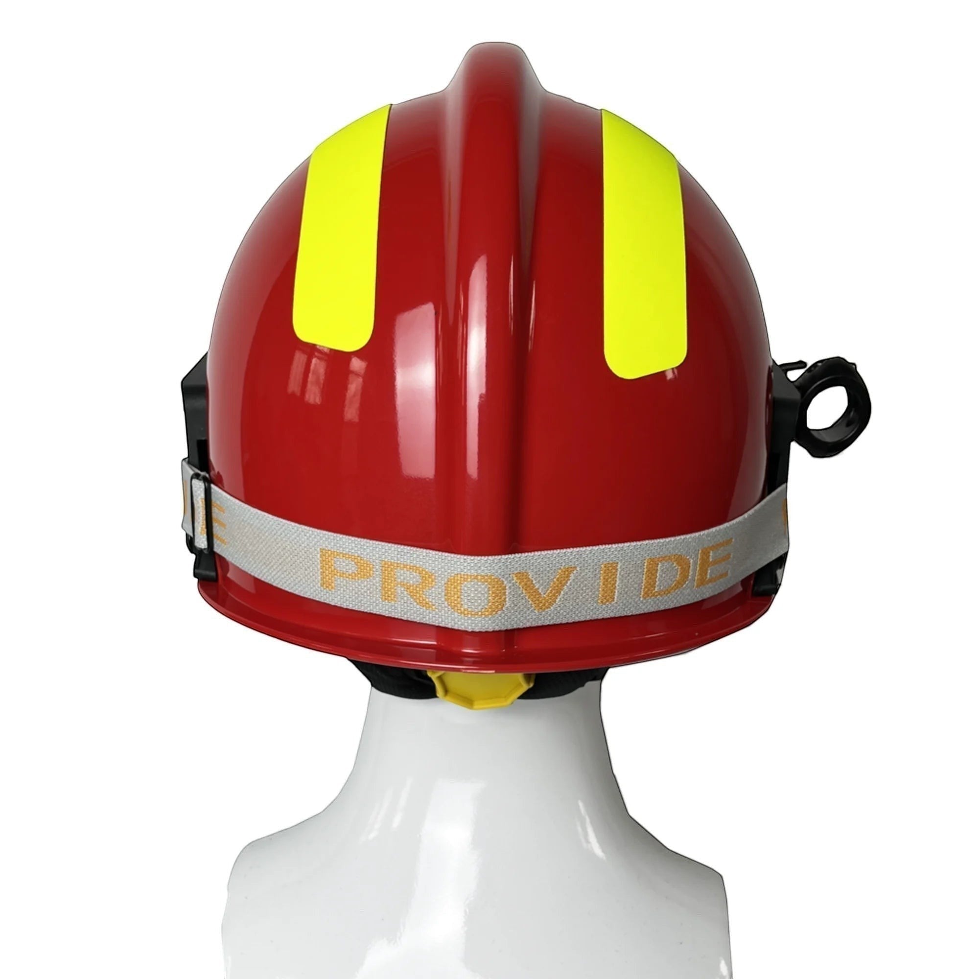 Casco de rescate GERF SAFETY rojo con bandas reflectantes amarillas y linterna lateral sobre maniquí