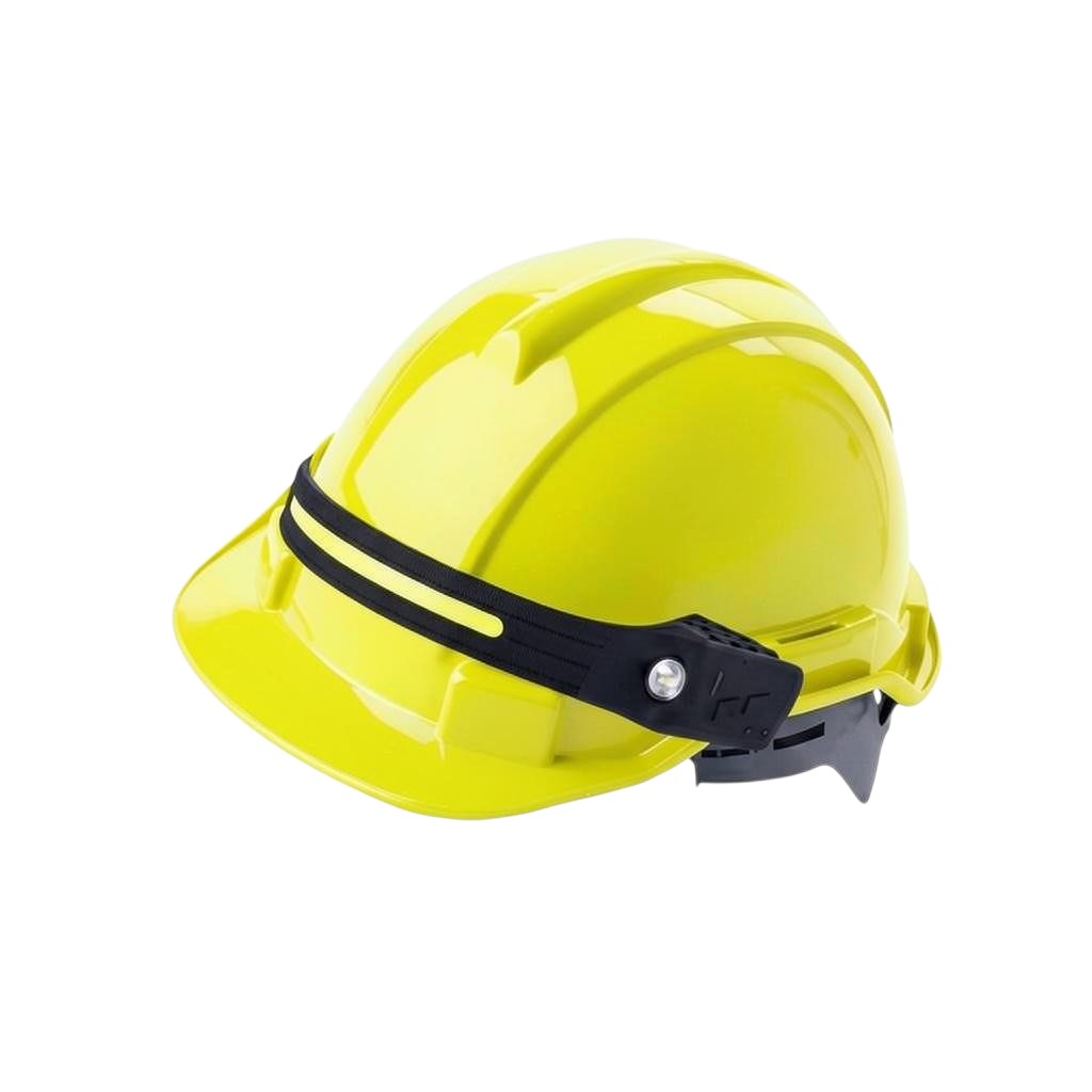 Casco de seguridad amarillo GERF SAFETY con banda elástica negra para linterna frontal, diseño resistente y profesional