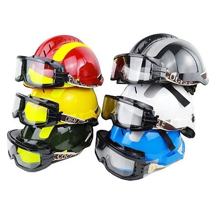 Cascos de rescate GERF SAFETY de colores con gafas protectoras extraíbles y linterna integrada para emergencias.